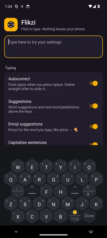 Flikzi in dark mode on an empty field, showing capital letters because a sentence is about to start